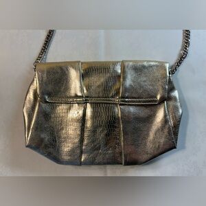 GUC Clutch: Gold Faux Leather, Magnetic Clasp, Shoulder Chain